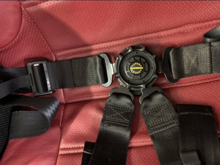 Black harness buckle on red car seat