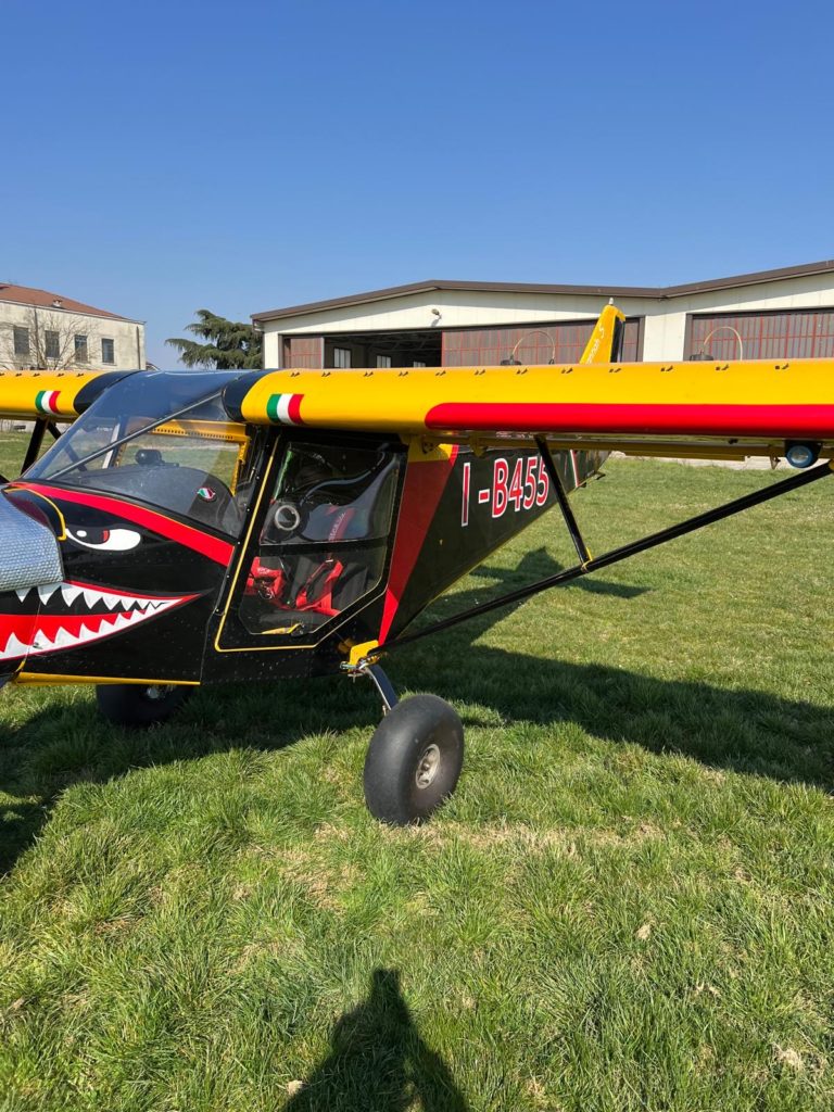 Colorful small plane parked on grassy runway