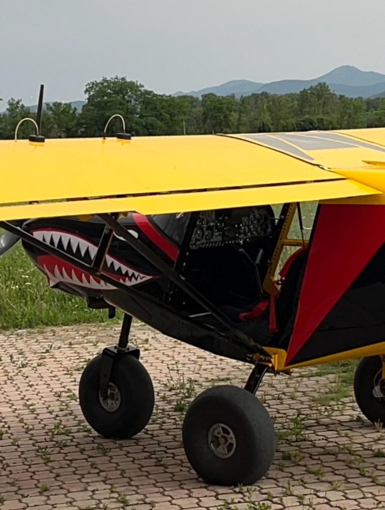 Yellow airplane with shark teeth design on runway.