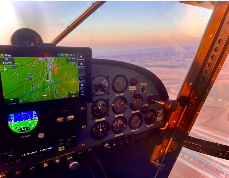 Cockpit view with flight instruments and horizon