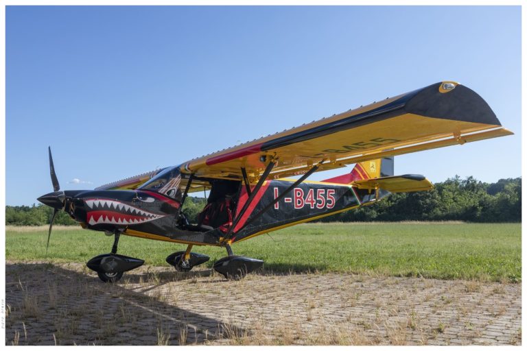 Colorful small plane with shark face design.