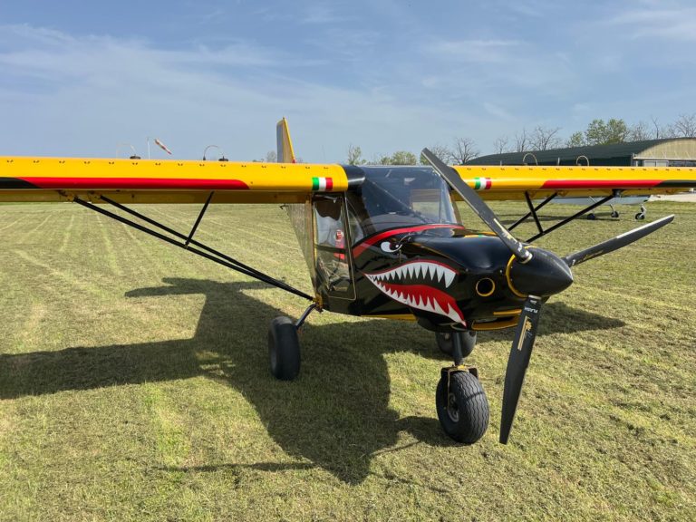 Small yellow airplane with shark mouth design.