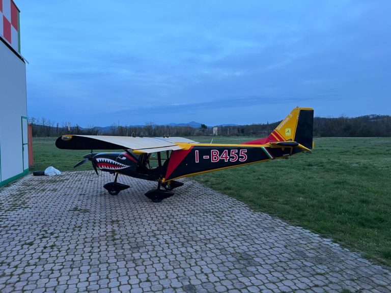 Colorful light aircraft parked on grass by hangar.