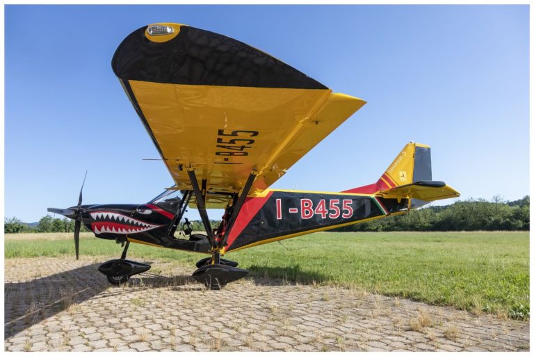 Yellow and black propeller plane on grassy field.