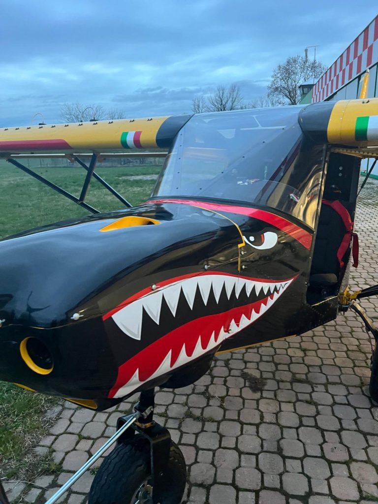 Small aircraft with shark mouth design on nose.