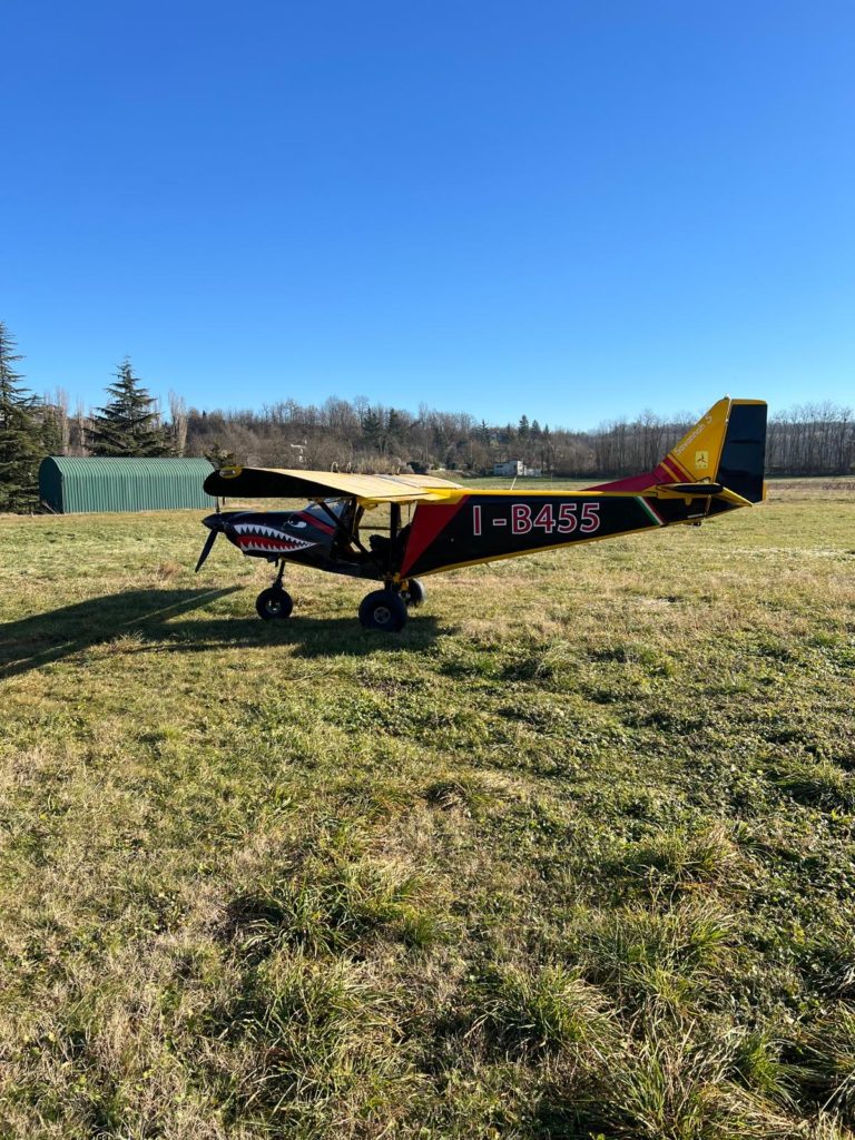 Red and yellow plane on grass field.