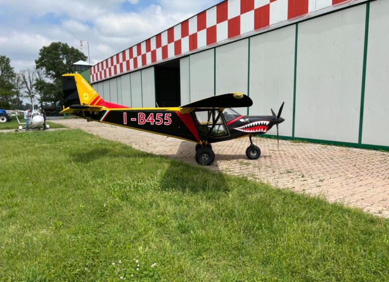 Colorful aircraft parked outside hangar on grass.