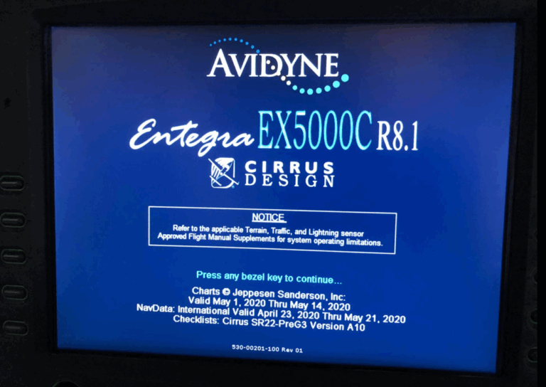 Avidyne Entegra flight display screen with notices.