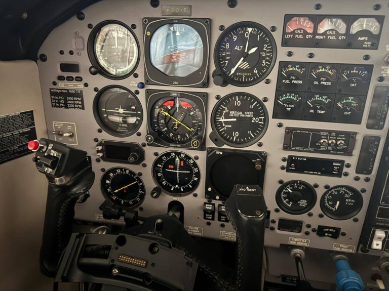Airplane cockpit with various instrument gauges