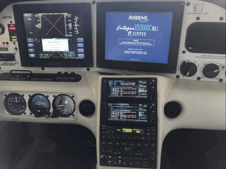Aircraft cockpit display with multiple instrument panels.