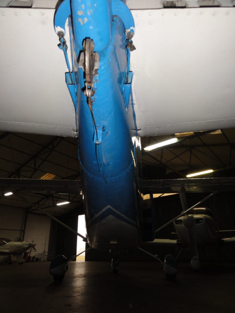Underside view of blue airplane in hangar