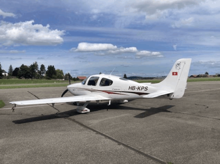 Small airplane parked on runway near trees.